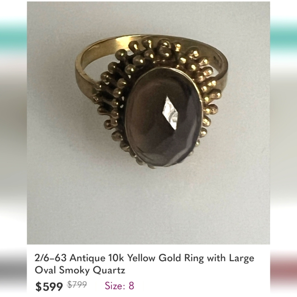 Antique 10k Yellow Gold Ring with Large Oval Smoky Quartz